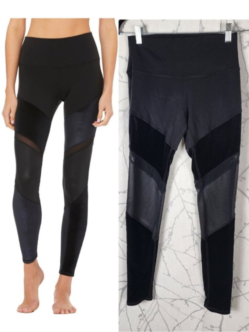 Alo Yoga Black Velvet Mesh Panel High Waist Sheila Leggings